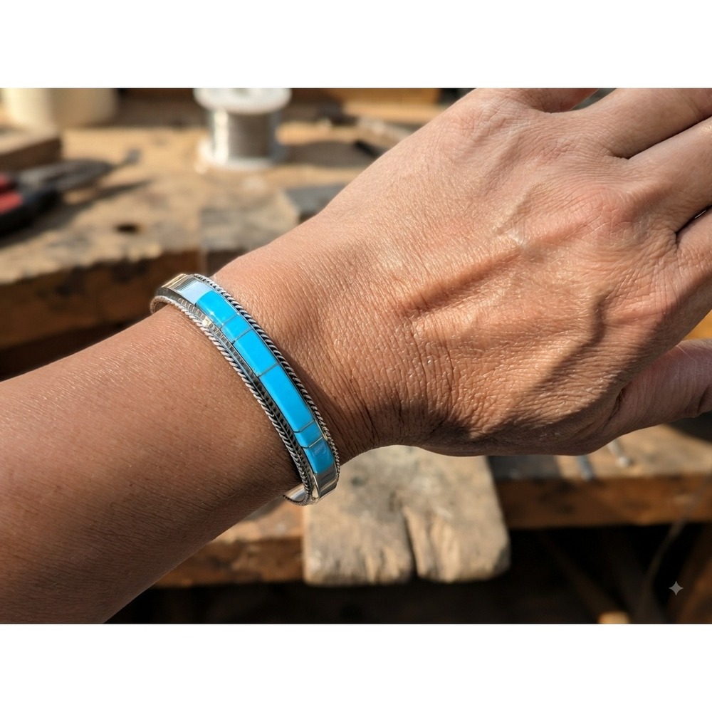 Native American Turquoise Channel Inlay Cuff Bracelet Sterling Silver Sz 6.5in**